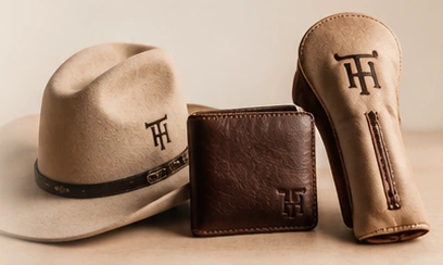 Illustrative hat, leather wallet, and golf head cover still life
